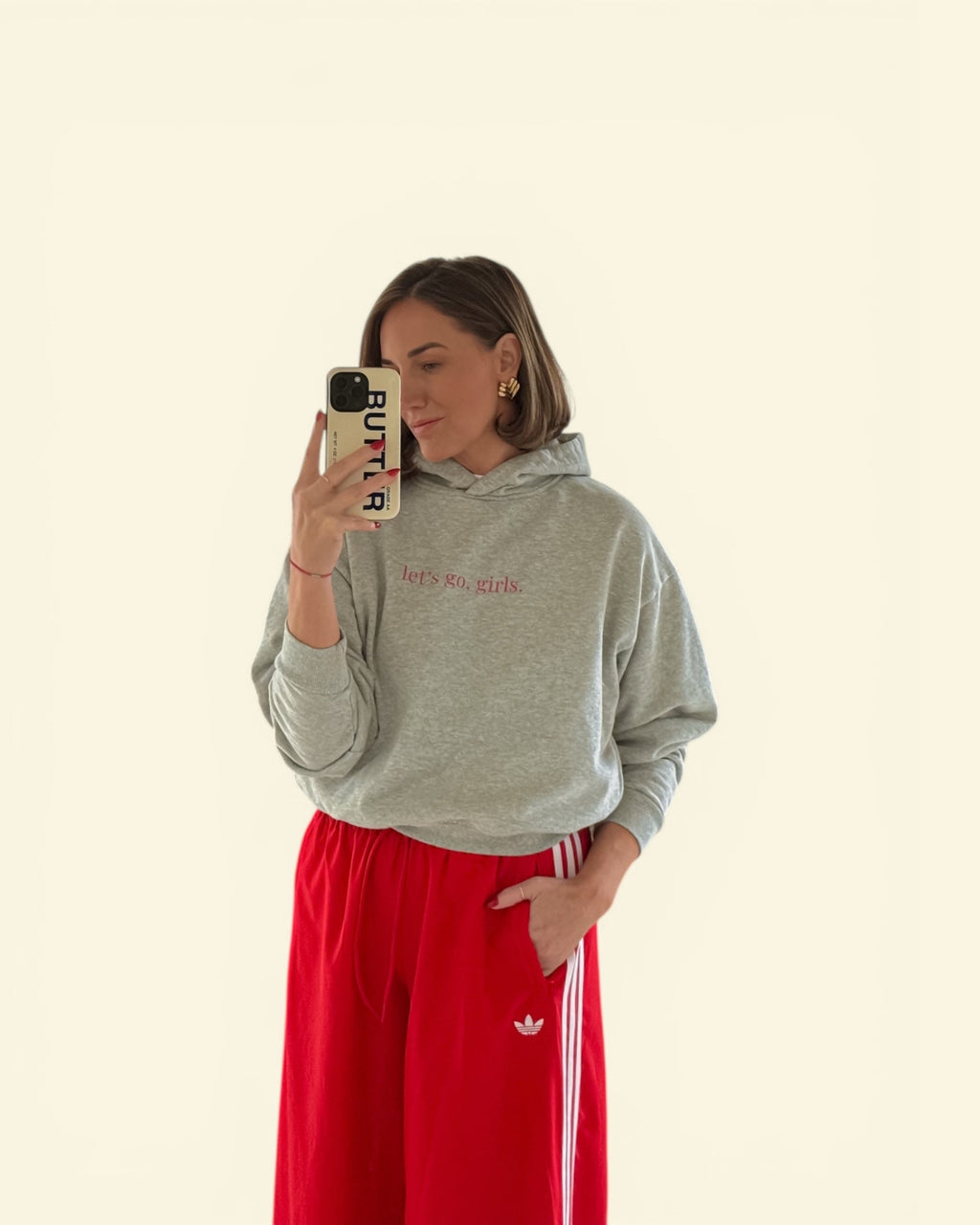 let's go girls * 100% Cotton Semi-Cropped Hoodie * Flower Gray/Red