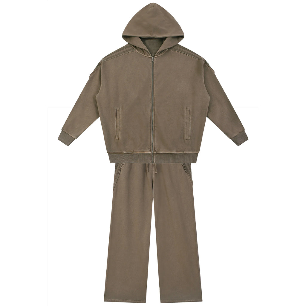 Snow Washed Tape Raw Edge Zip Hoodie Set