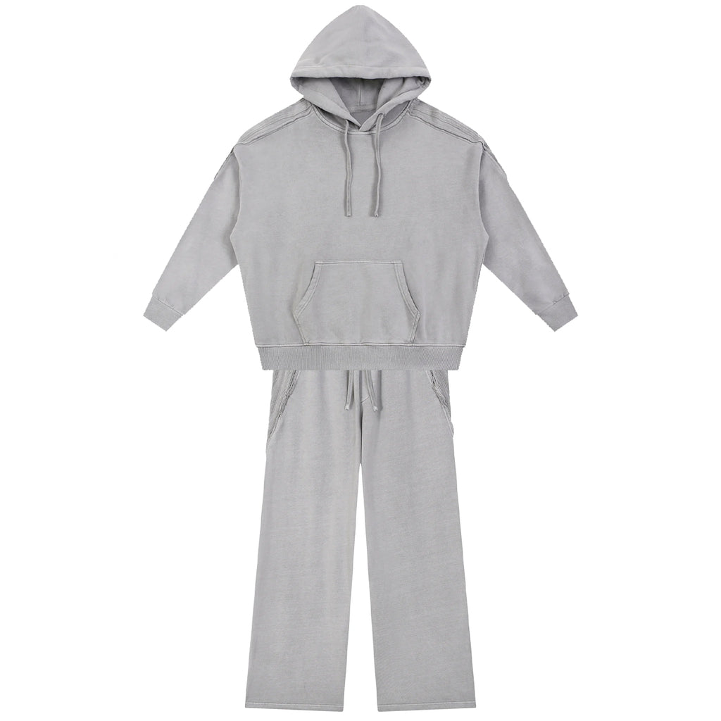 Snow Washed Tape Raw Edge Hoodie Set