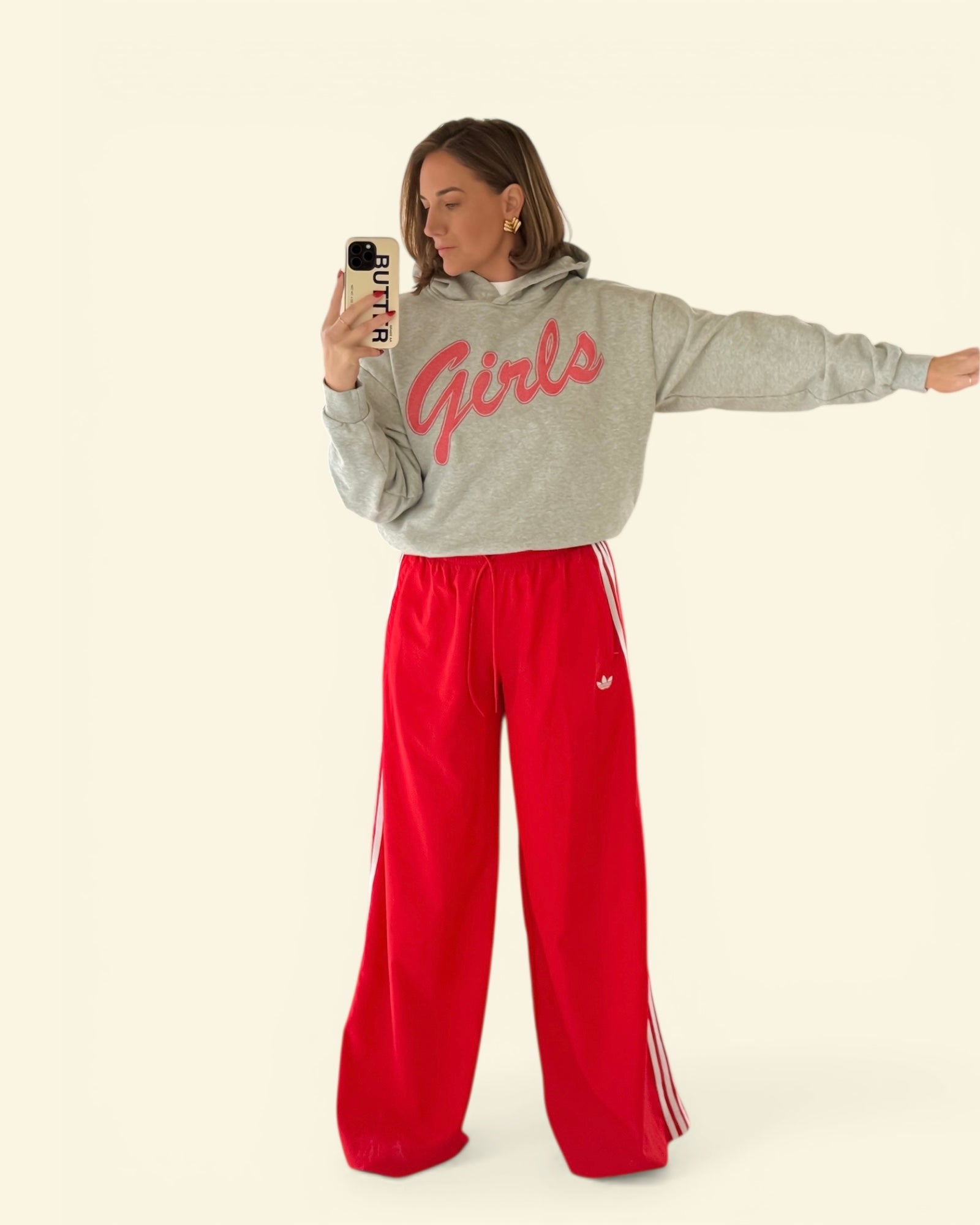 Girls * 100% Cotton Semi-Cropped Hoodie * Flower Gray/Red