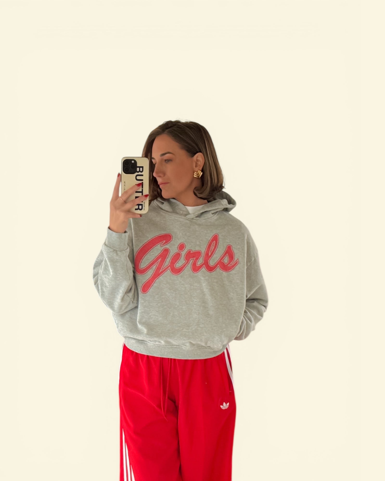 Girls * 100% Cotton Semi-Cropped Hoodie * Flower Gray/Red