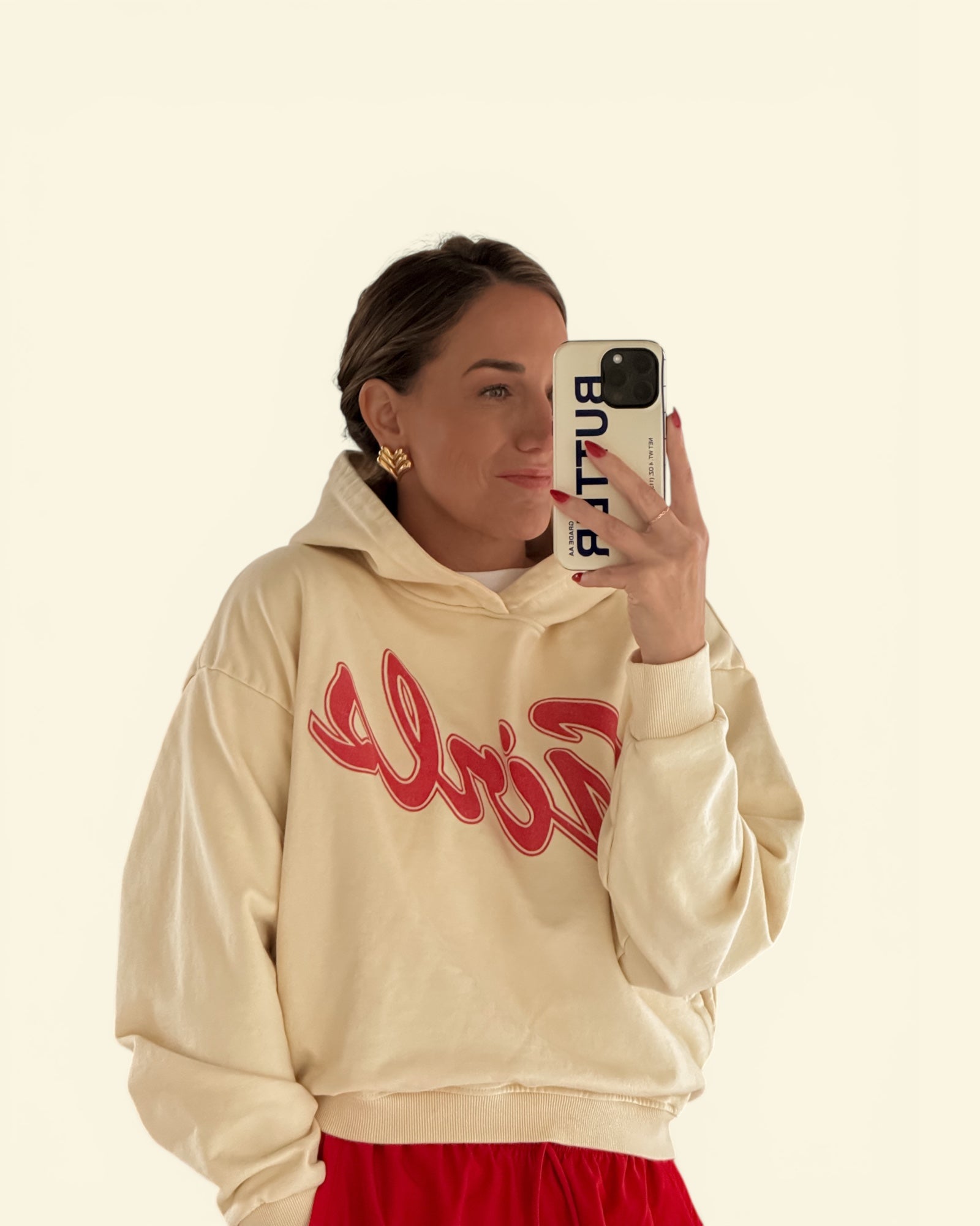 GIRLS * 100% Cotton Cropped Hoodie * Apricot/Red