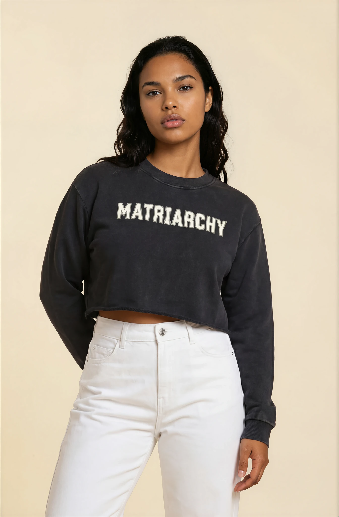MATRIARCHY * 100% Cotton Vintage Washed Raw Edge Cropped Sweatshirt * Black