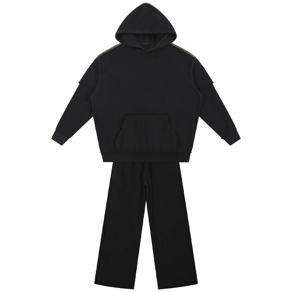 Snow Washed Raw Edge Double Layered Hoodie Set